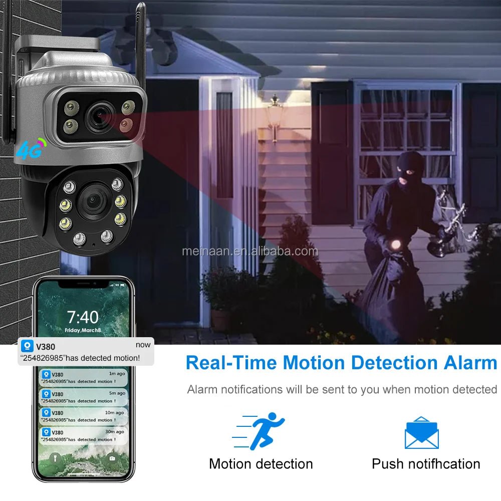4MP 4G PTZ Outdoor Security Camera – Dual Lens, 360° View, SIM-Enabled V380 Pro