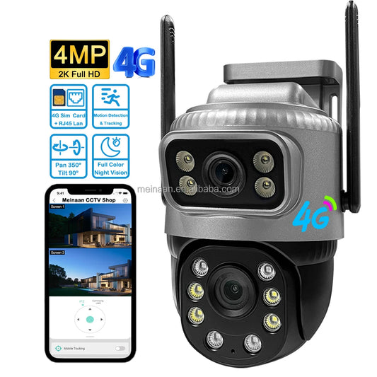 4MP 4G PTZ Outdoor Security Camera – Dual Lens, 360° View, SIM-Enabled V380 Pro