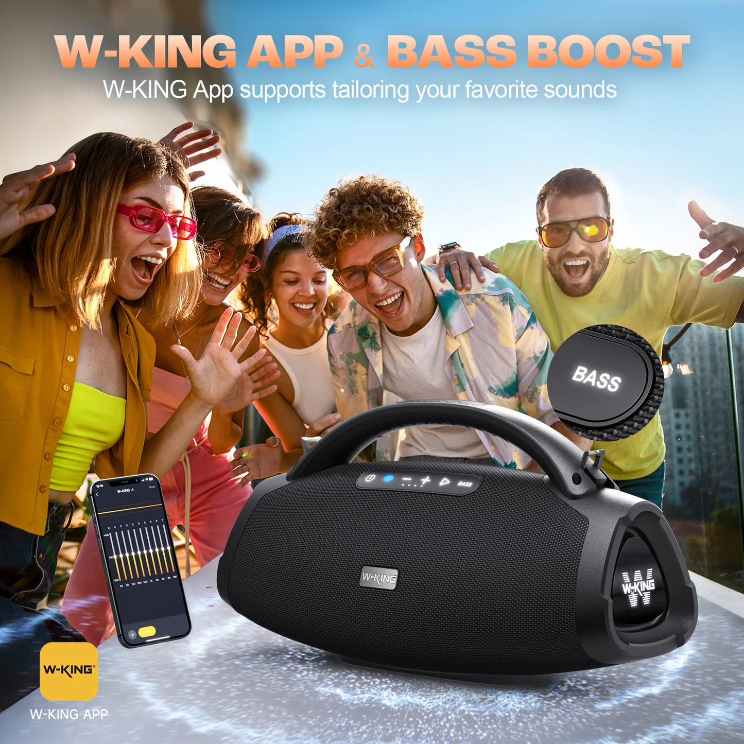 W-KING X20 Portable Bluetooth Speakers, 200W RMS Massive Bass Party Boombox IPX7 Waterproof Loud Outdoor Large Speaker