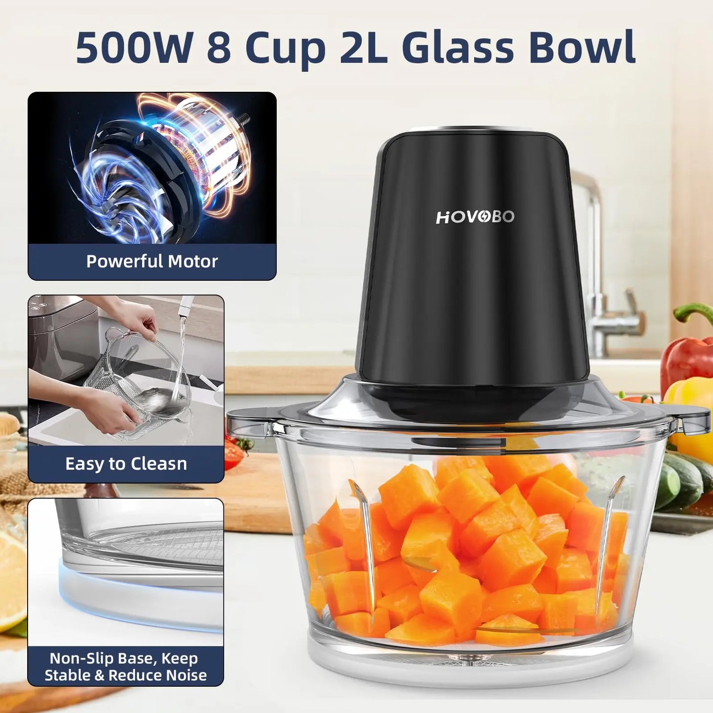 500W Electric Food Processor – 2L Glass Bowl, Dual Speed Chopper with 4 Stainless Steel Blades