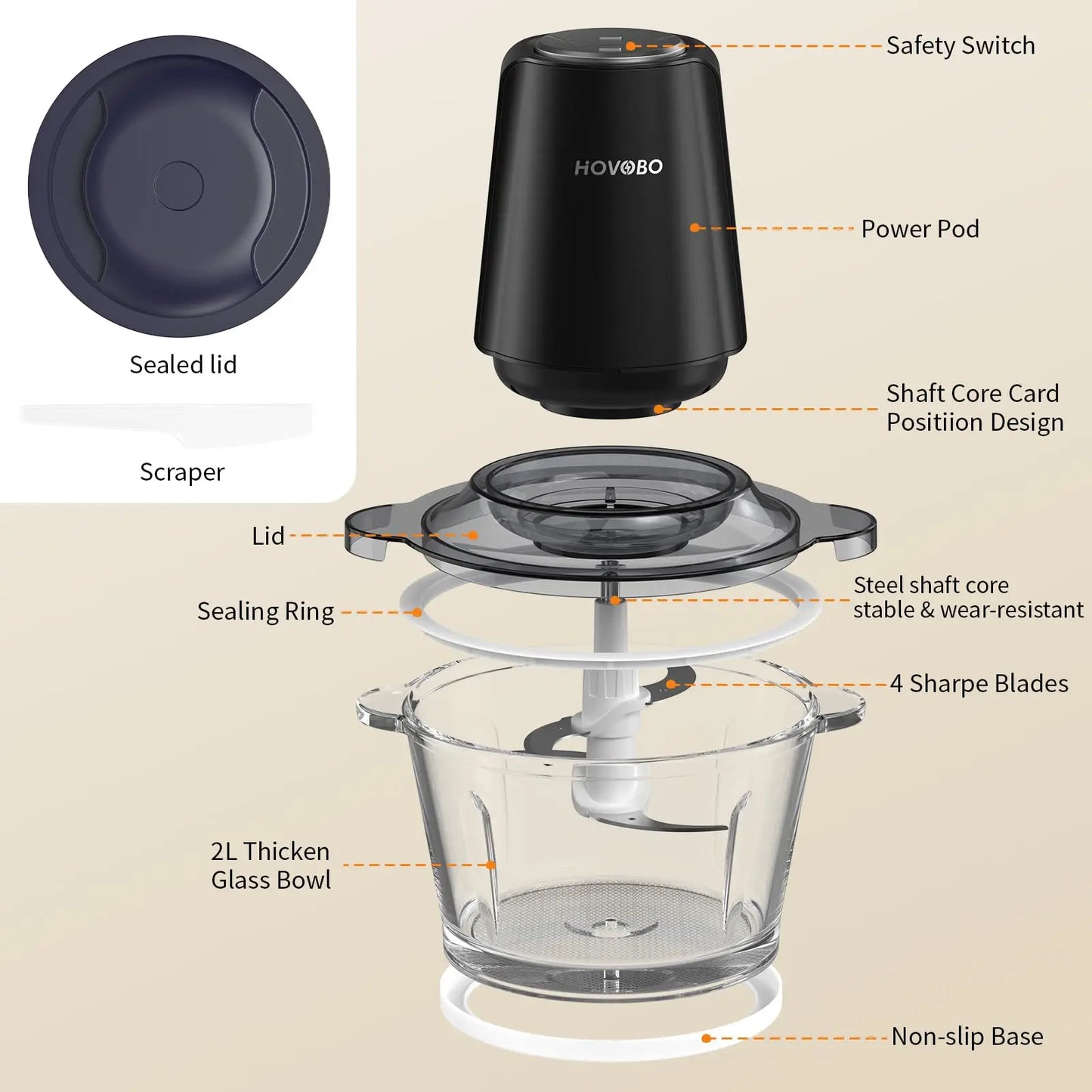 500W Electric Food Processor – 2L Glass Bowl, Dual Speed Chopper with 4 Stainless Steel Blades