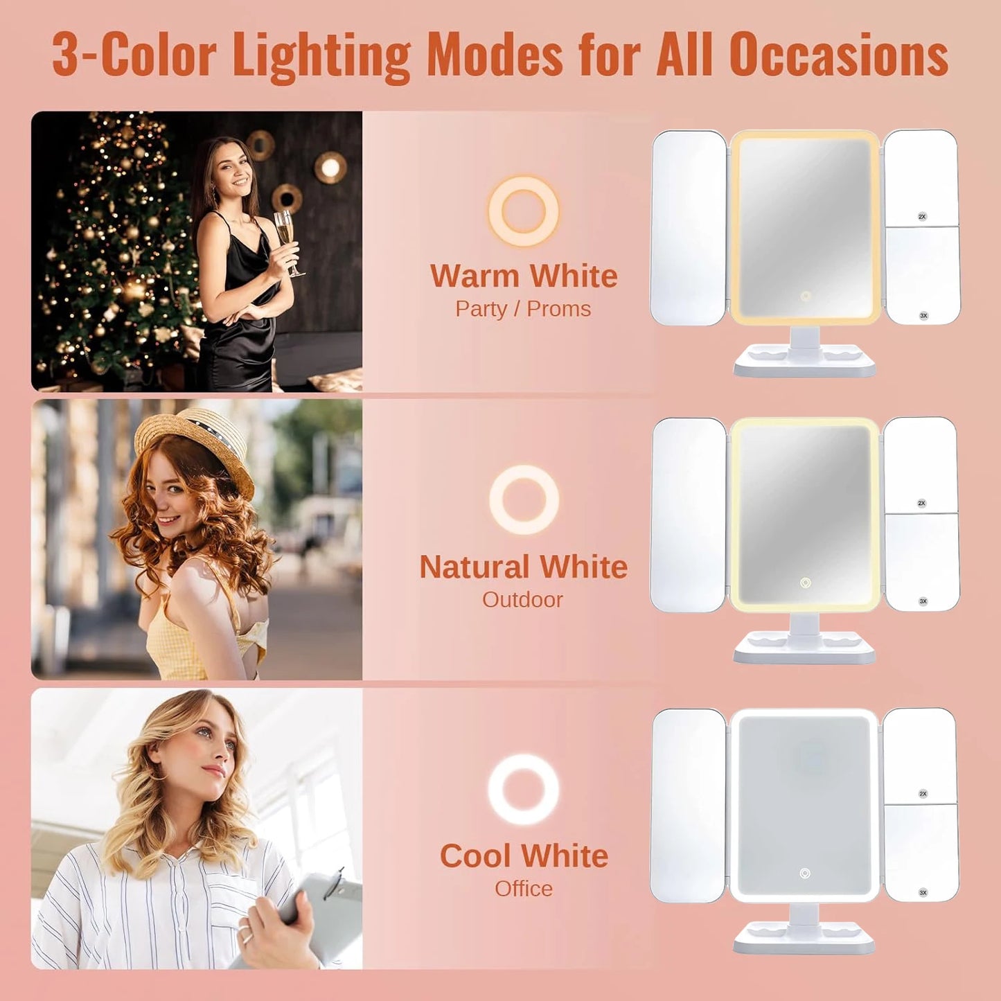 Trifold Makeup Mirror LED Lights