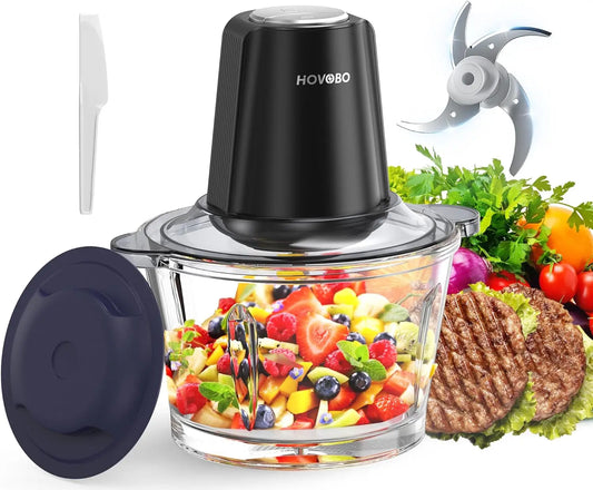 500W Electric Food Processor – 2L Glass Bowl, Dual Speed Chopper with 4 Stainless Steel Blades