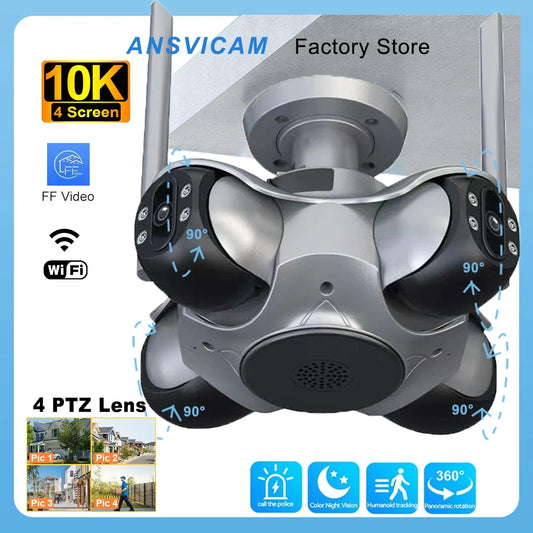 4-Lens PTZ Outdoor WiFi IP Camera – 360° View, Auto Tracking, Color Night Vision, 2-Way Audio
