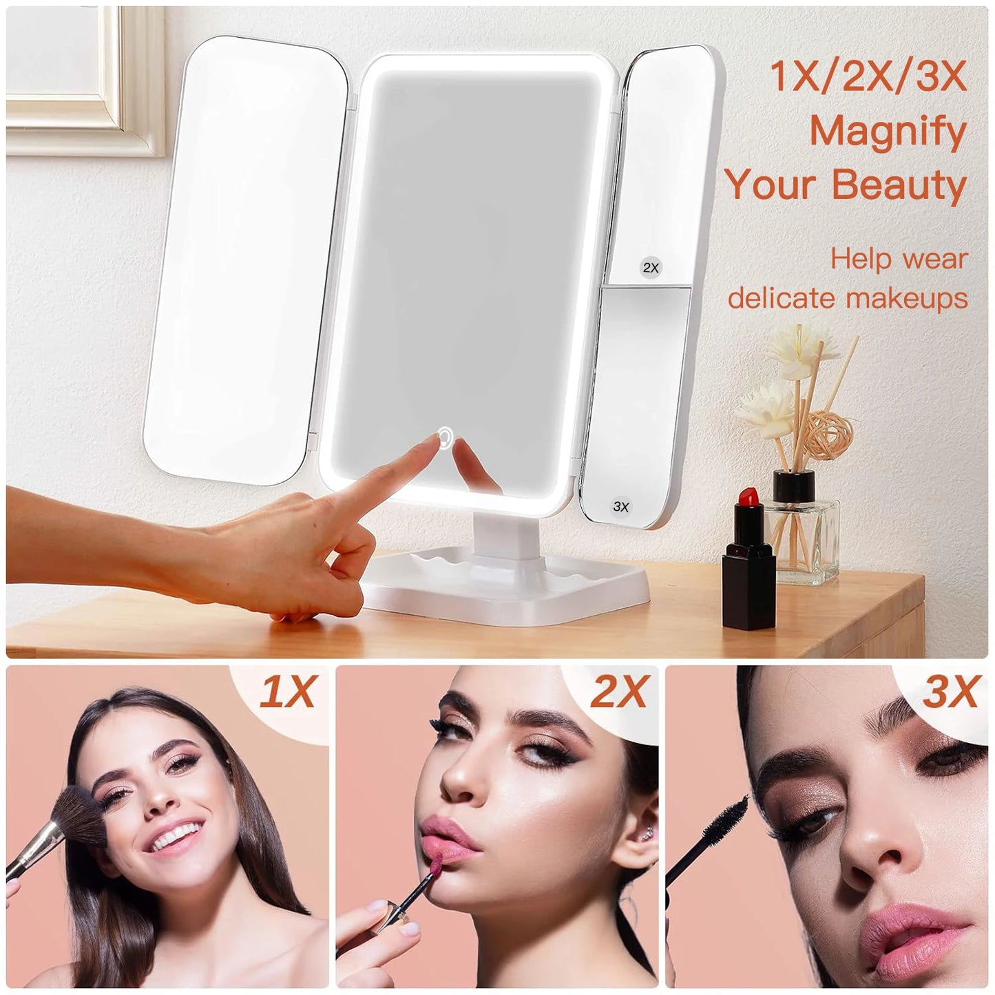Trifold Makeup Mirror LED Lights