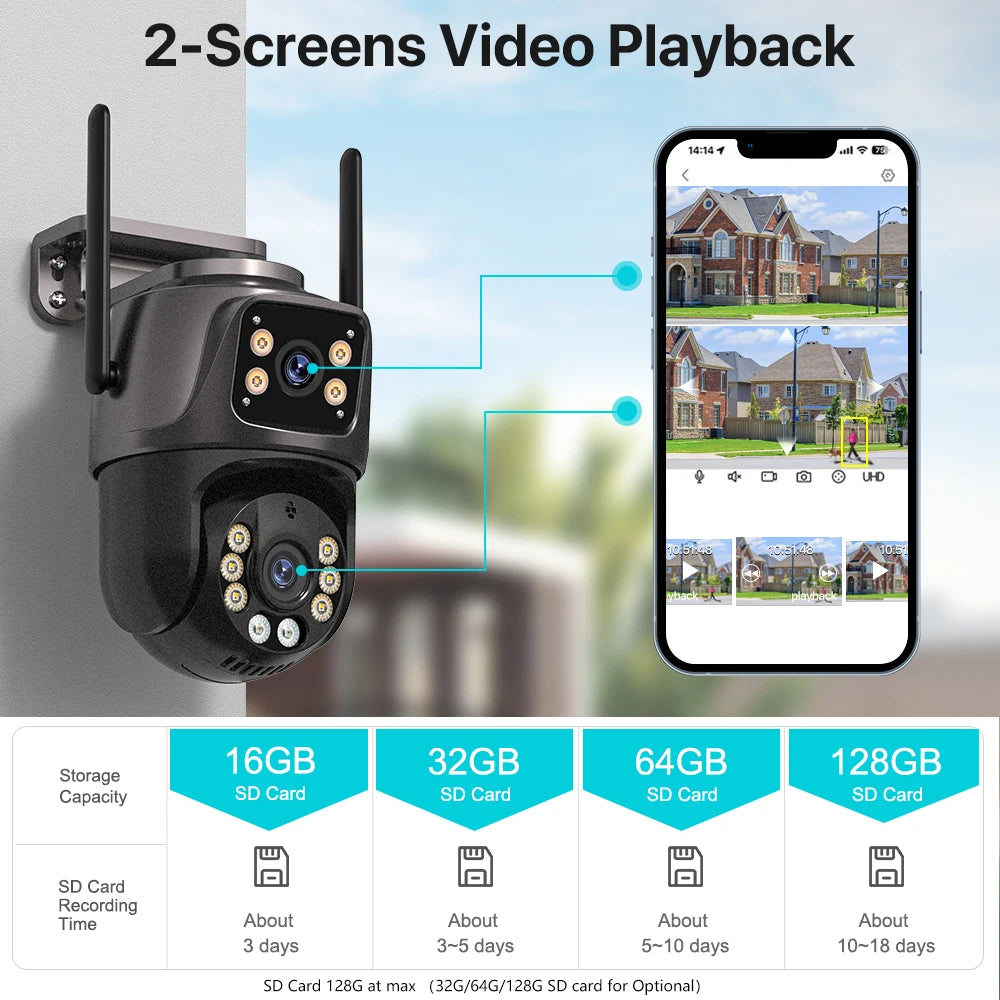 4K 8MP Dual-Lens Outdoor WiFi PTZ Camera – AI Auto-Tracking, Audio & Night Vision